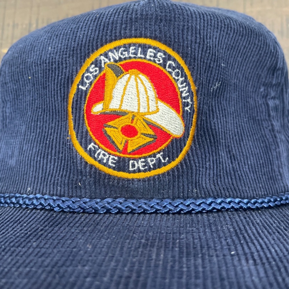 Vintage Nissin Cap Los Angeles County Fire Dept Corduroy Rope Hat Navy Blue - Picture 4 of 4